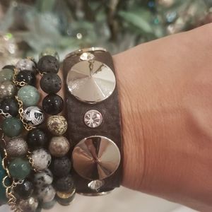Leather bracelet with silver and rhinestone studs